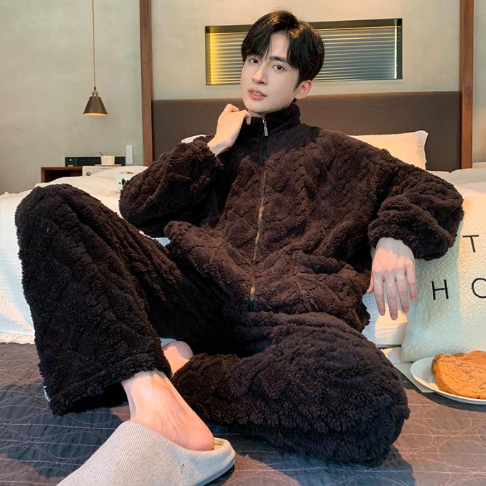Autumn Winter Coral Fleece Men's Pajamas Set Thicken Flannel Warm Sleepwear Young Boy Loose Zipper Soft Pajama Fashion Cartoon Men Pyjama Home Wear
