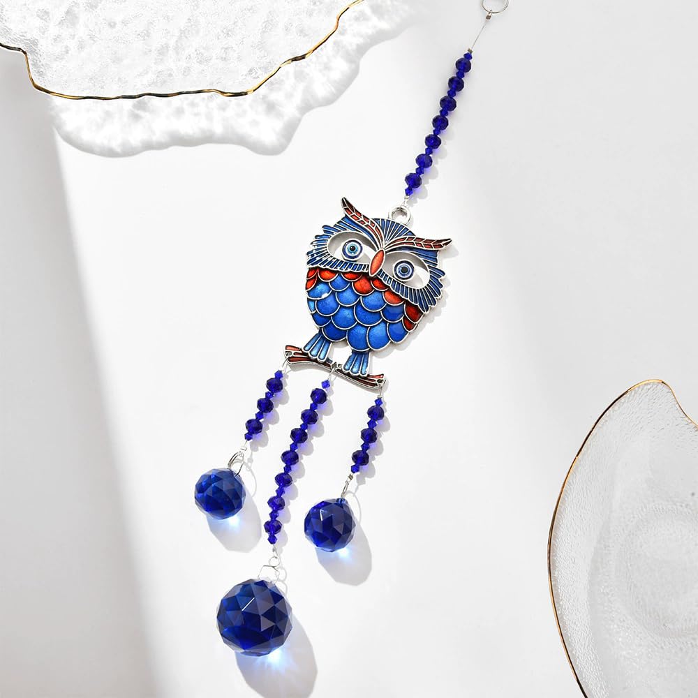 Decorative Owl Crystal Suncatcher with Blue Evil Eye Design and Glass Beads, Hanging Window Ornament (1 Owl)