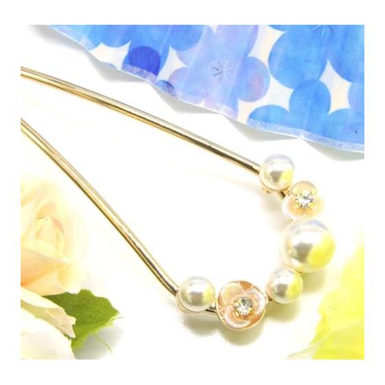 [Miaomyao] U-Shaped Hairpin with Pearls and White Plum Blossom Design - Elegant Hair Accessory for Kimono, Yukata, and Formal Occasions - Antique
