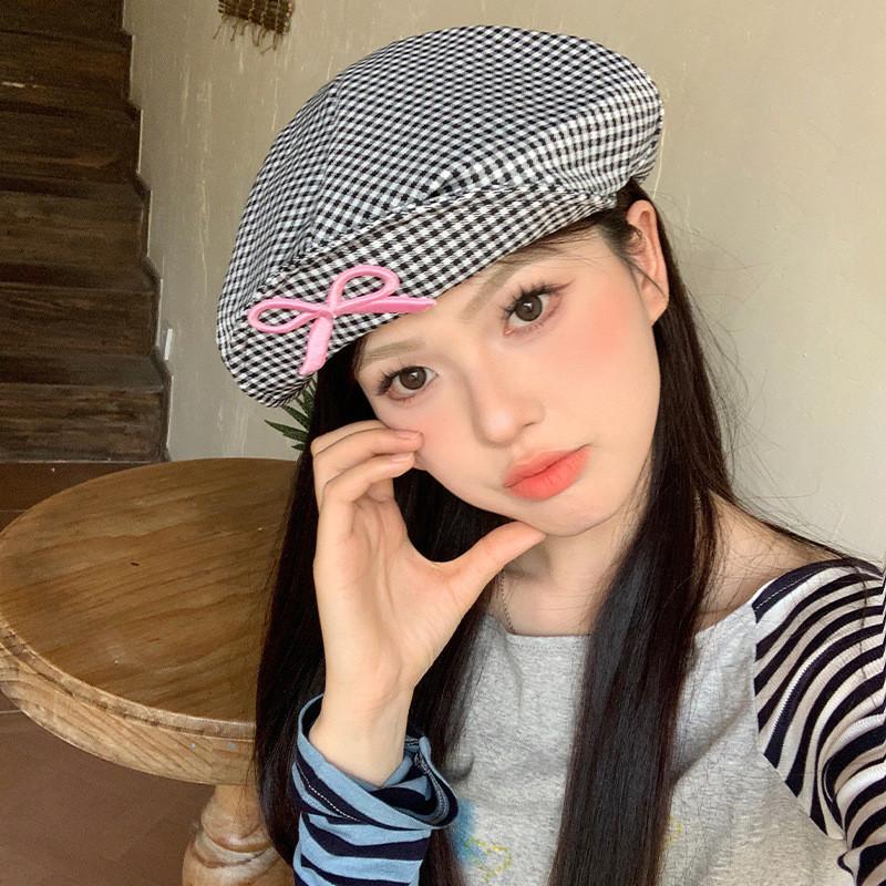 Elegant Korean Style Plaid Bowknot Cloud Beret Hat For Women And Men Spring Fashion