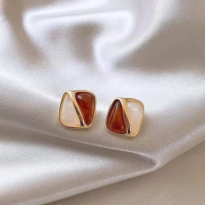 Maillard Irregular Square Rhombus Geometric Stones Contrast Color Stud Earrings for Women Unique Girl Zircon Christmas Gift
