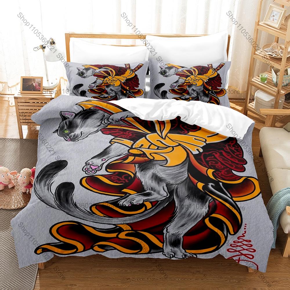 Cool Japanese Samurai Cat Bedding Set Duvet Cover + 2 Pillowcases Cute Ninja Cat Katana Sakura Ukiyo-e Bedroom Decor