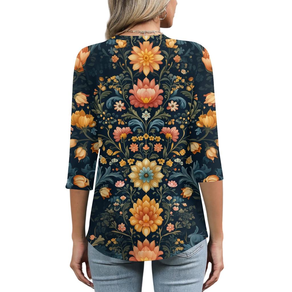 Women's Tops Three-quarter Sleeve Shirt V-neck Loose Casual Shirt Print T-shirt