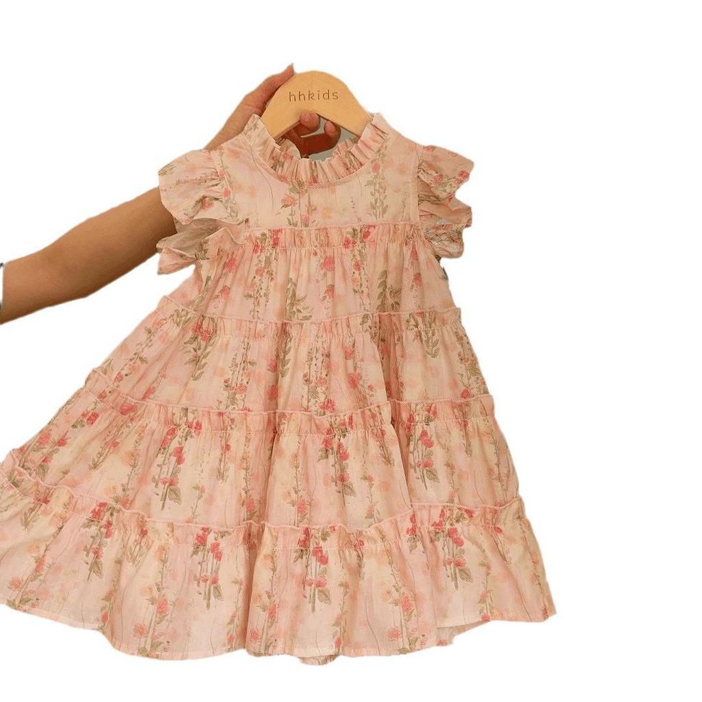 2024 Summer Girls' Floral Cotton Princess Dress - Korean Vacation Style