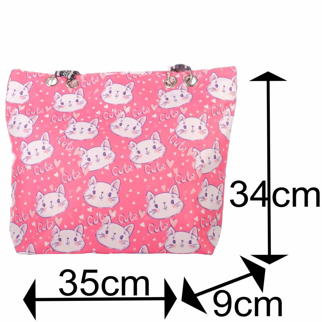 Pinke Strandtasche mit Katzenmotiv und Reißverschluss