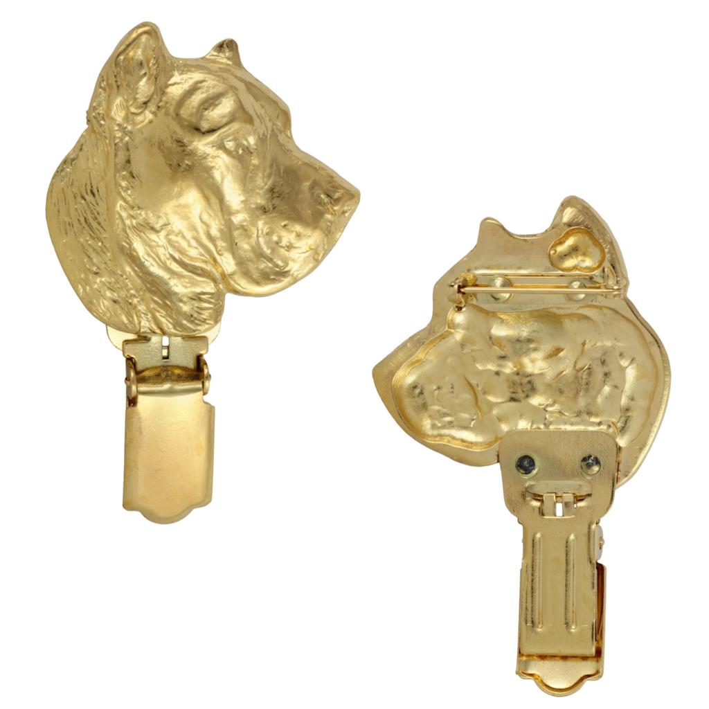 Presa Canario, Dogo Canario, Canary Mastiff – Brooch with a clip, gold-plated holder for a race number | Art-Dog