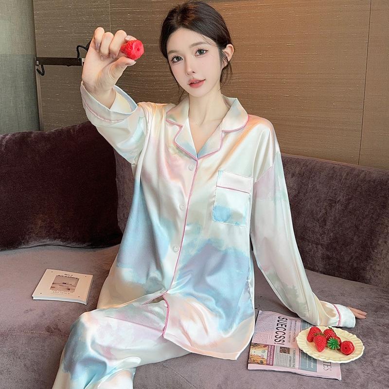 Spring And Summer Dopamine Gradual Change Tie-Dye Fashion Lapel Pajamas Women'S Long-Sleeved Trousers Loungewear Set