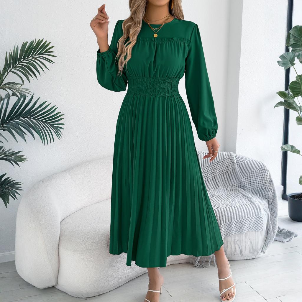 Women's Casual  Round Neck Ear-rimmed Long Sleeve Tight Waist Pleated Dress
