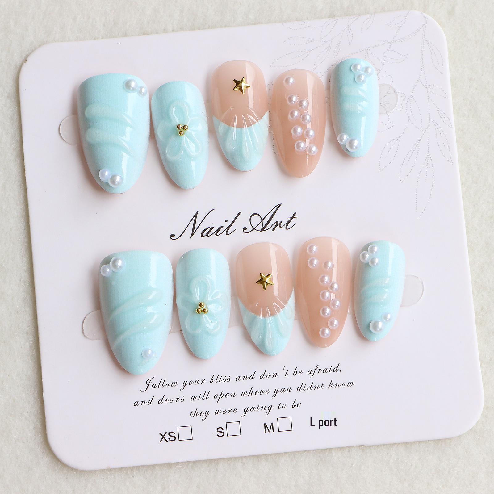 Almond Transparent Cat Eye Press-on Nails with Rhinestones & 3D Mint Floral Design.