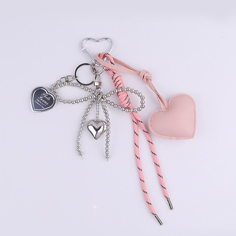 Leather Heart Bow Keychain Delicate Beaded Keyring Car Key Holder Bag Pendant Decoration For Girls Gift
