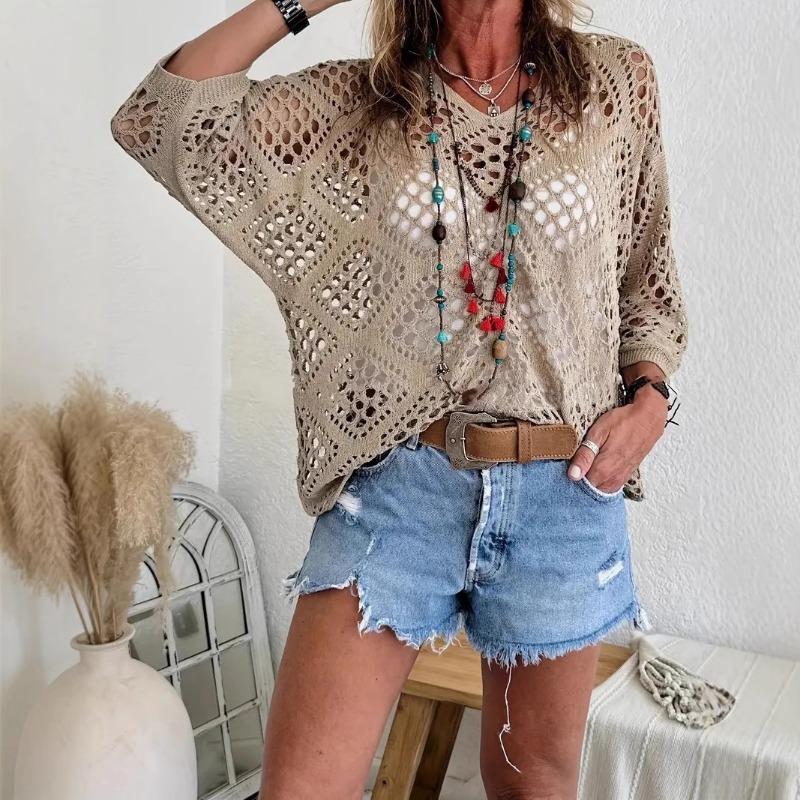 Women s V-Neck 3/4 Sleeve Hollow Out Knit Top S