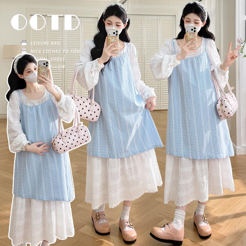 2026 Spring Blue Plaid Patchwork Two-Piece Dress 2XL