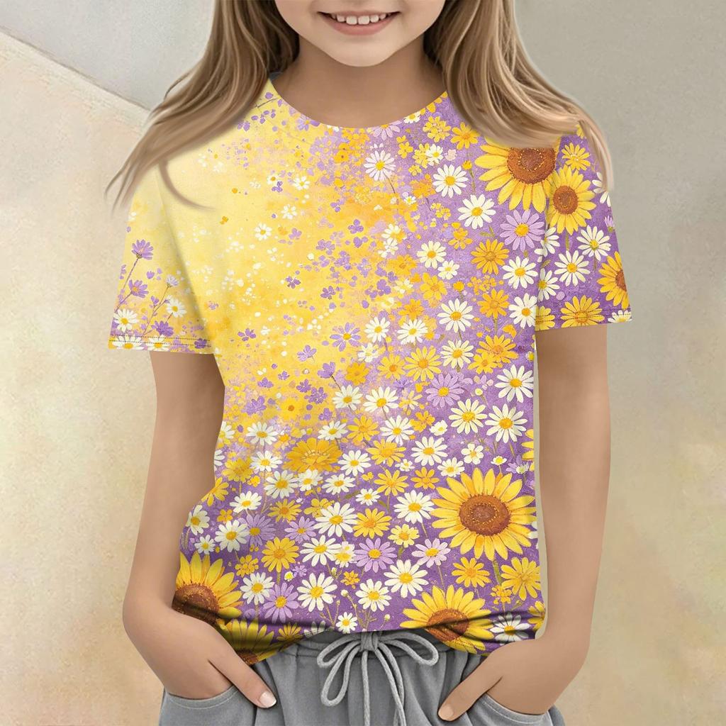 Girls Floral Print Casual Loose Fit Short Sleeve T Shirt Crew Neck Comfortable Everyday Wear Top for Kids