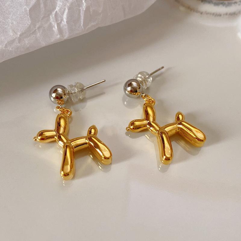 Gold and Silver Color Contrast Fashion Animal Balloon Dog Drop Earrings for Women Children Girls Punk Jewelry