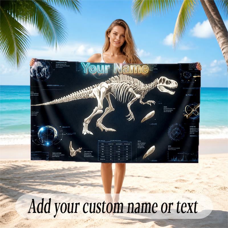 Dinosaur Theme Quick Dry Beach Towel Custom Name Text Print Large Sand Resistant Towel Beach Vacation