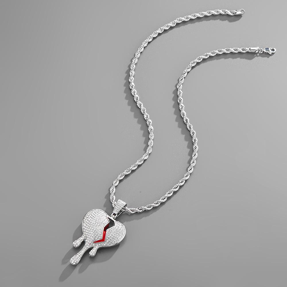 High-Quality European and American Full Diamond Water Drop Broken Heart Couple Necklace