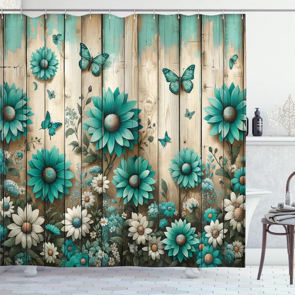 Country-Style Shower Curtain With Vibrant Daisy And Butterfly Floral Pattern, Durable Fabric For Bathroom Decor