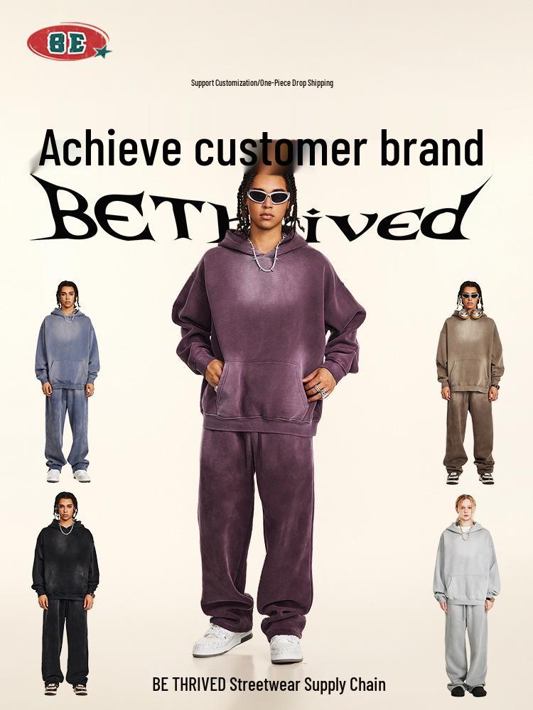 BE Men's Retro Distressed Spray Paint Velvet Hoodie & Sweatpants Set - Autumn 2025 Collection