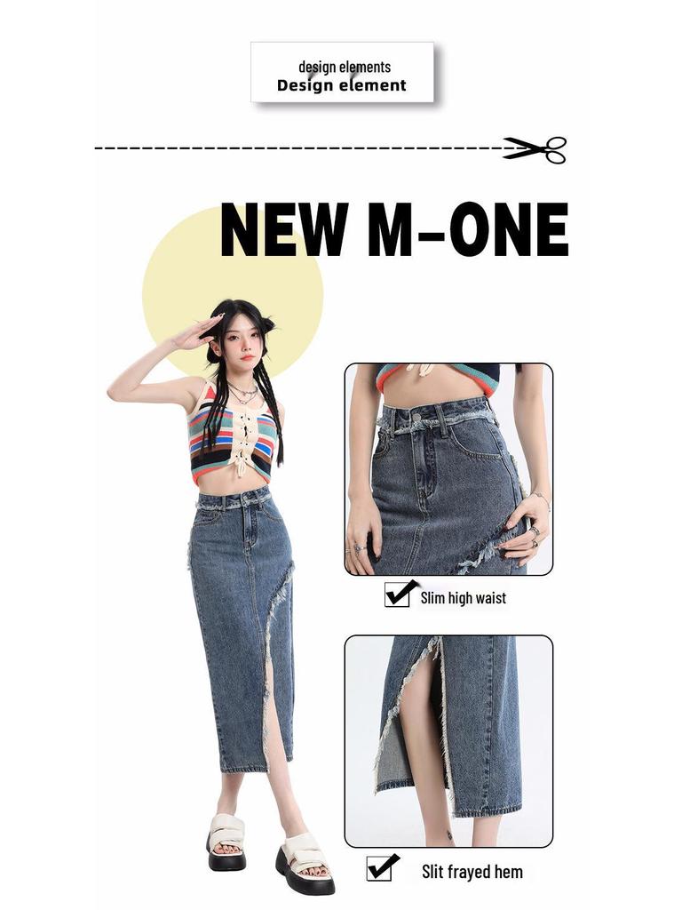 2024 Spring/Summer Women's High-Waist A-Line Denim Midi Skirt with Front Slit and Retro Raw Edge