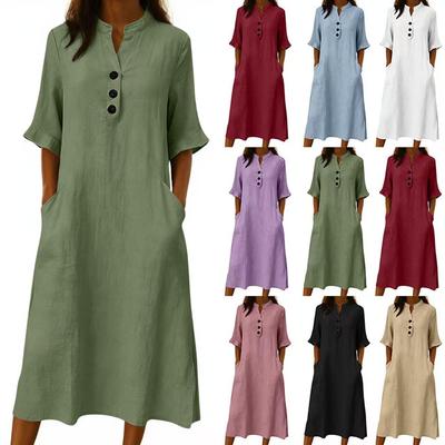 2026 Neues lässiges einreihiges Kleid aus Baumwolle und Leinen