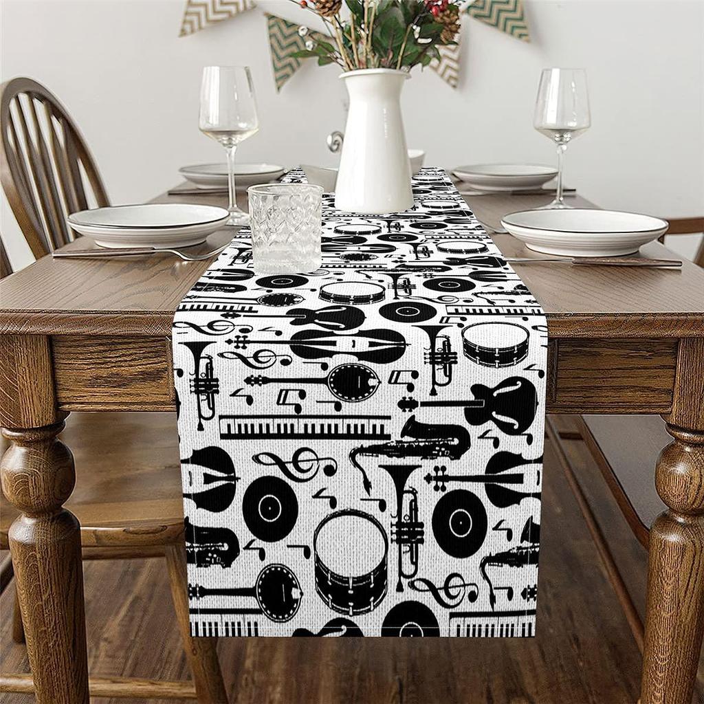 Musical Note Instrument Linen Table Runner Party Decor Reusable Farmhouse Kitchen Dining Table Runner Wedding Decorations