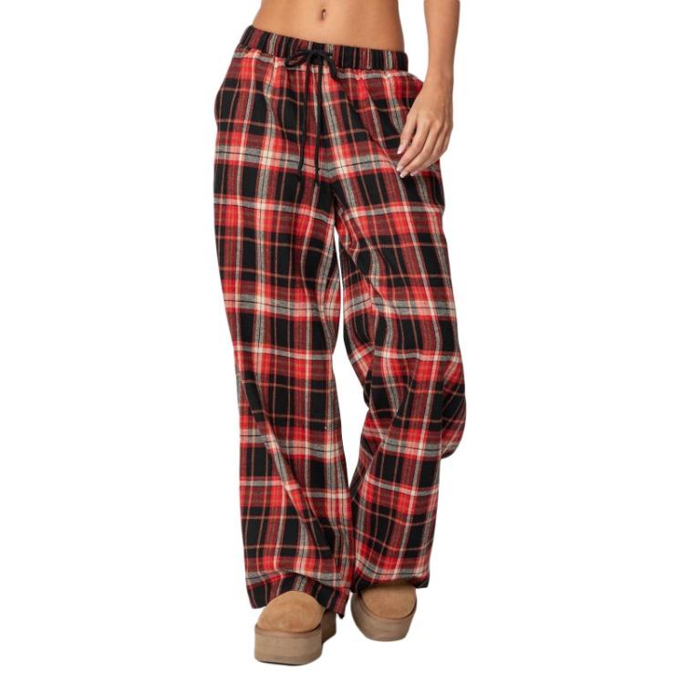 

Classic Plaid Print Womens Casual Trousers Loose Wide Leg Pants Elastic Waist Lounge Pants L червоний