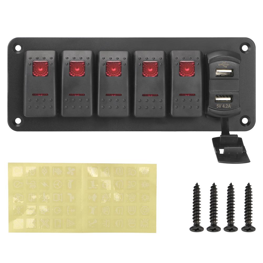 5 Gang Rocker Switch Panel Automobile switch Dual USB Port 4.2A Outlet Combination Digital Voltage Display