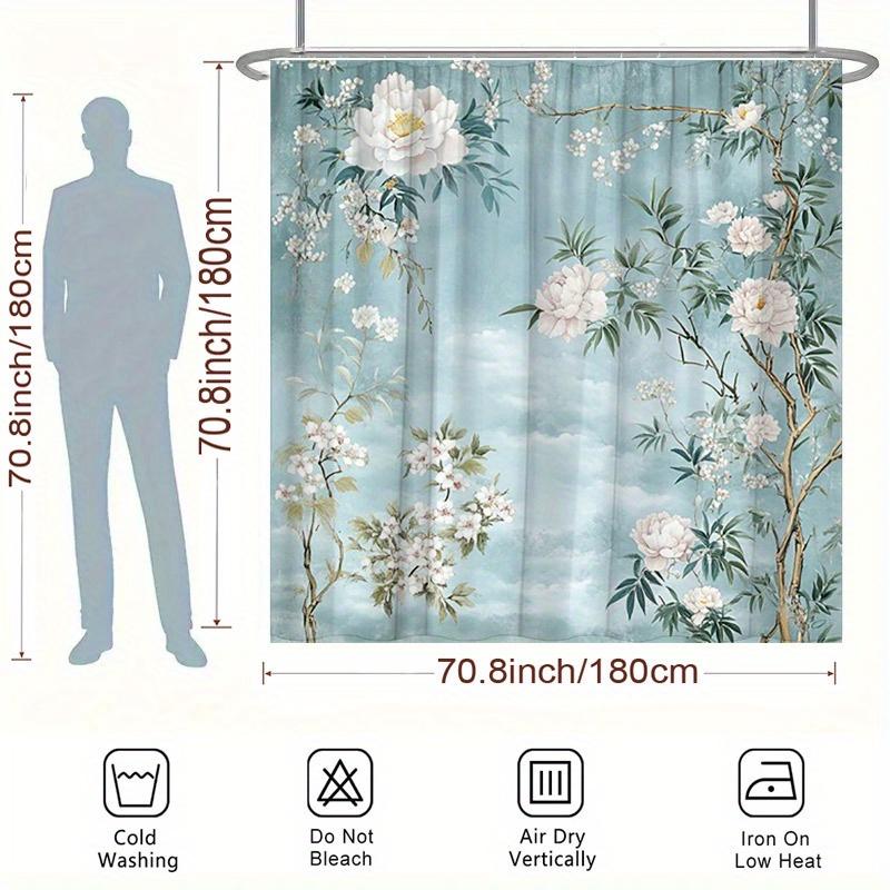 1pc White Blossom Shower Curtain - Peonies & Floral Branches, Soft Cloudy Blue Sky, Chinese Ink Art, Polyester