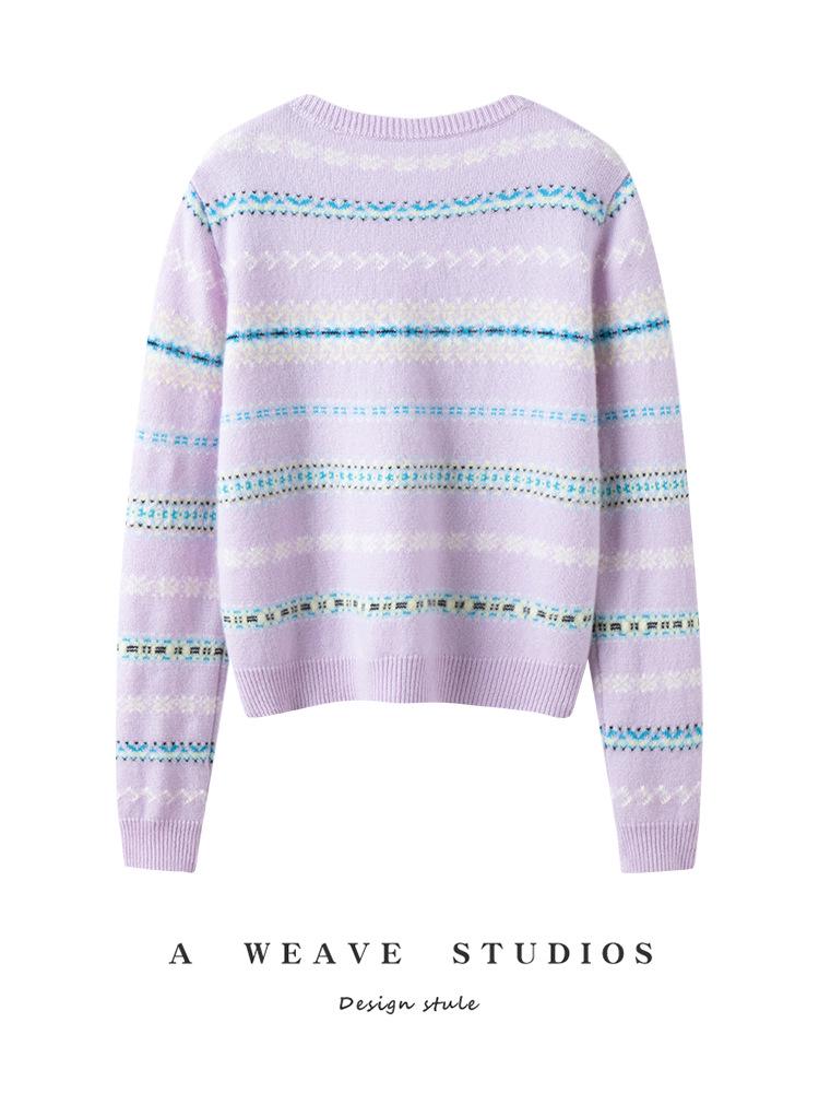 Fair Isle Striped Cashmere Cardigan - Women's Warm Round Neck Jacquard Sweater for Autumn/Winter