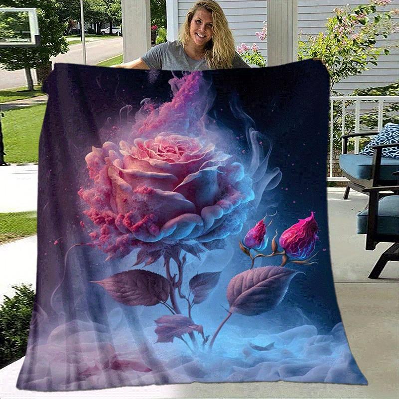 1pc Pink Rose Printing Lightweight Flannel Blanket, Comfortable and Warm Blanket, for Camping Sofa Bed and Couch Office, Gift