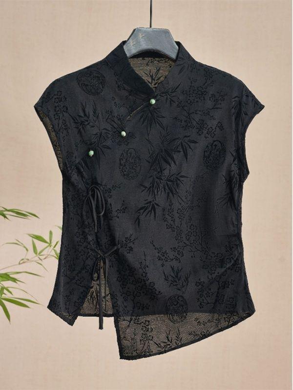 

Новый китайский стиль, модифицированный топ ципао для женщин, летний темперамент, ретро планка, черная жаккардовая рубашка с коротким рукавом S чёрный