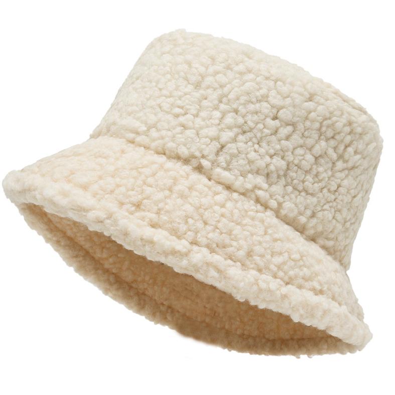 Women Lamb Bucket Hat Autumn Winter Thicken Plush Wool Warm Flat Top Fisherman Hats Outdoor Windproof Panama Bowl Beanie Caps