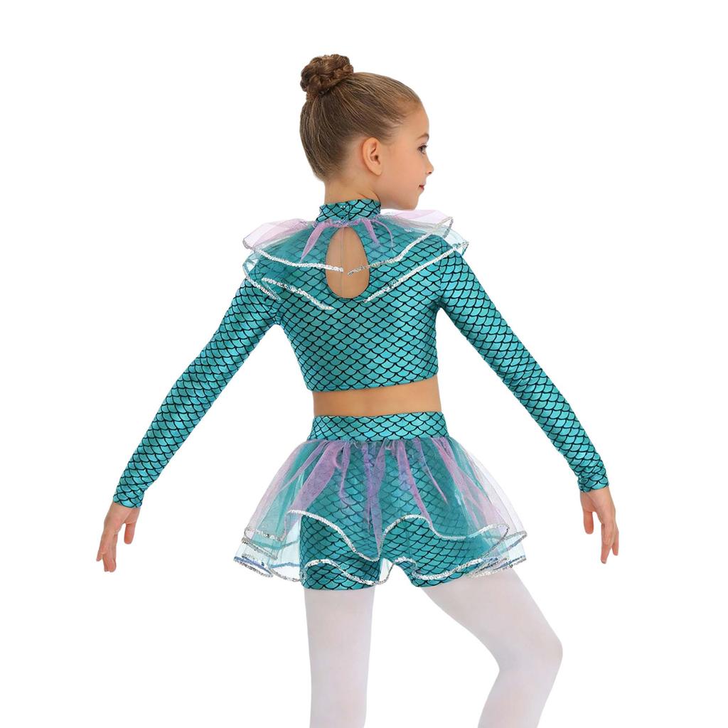 Ensemble Short et Crop Top Mailles Sequins Imprimé Écailles de Poisson Manches Longues Costume Cosplay Sirène pour Filles