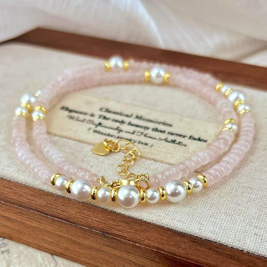 Vintage Spring Pink Quartz Faux Crystal Pearl Design Clavicle Chain Necklace