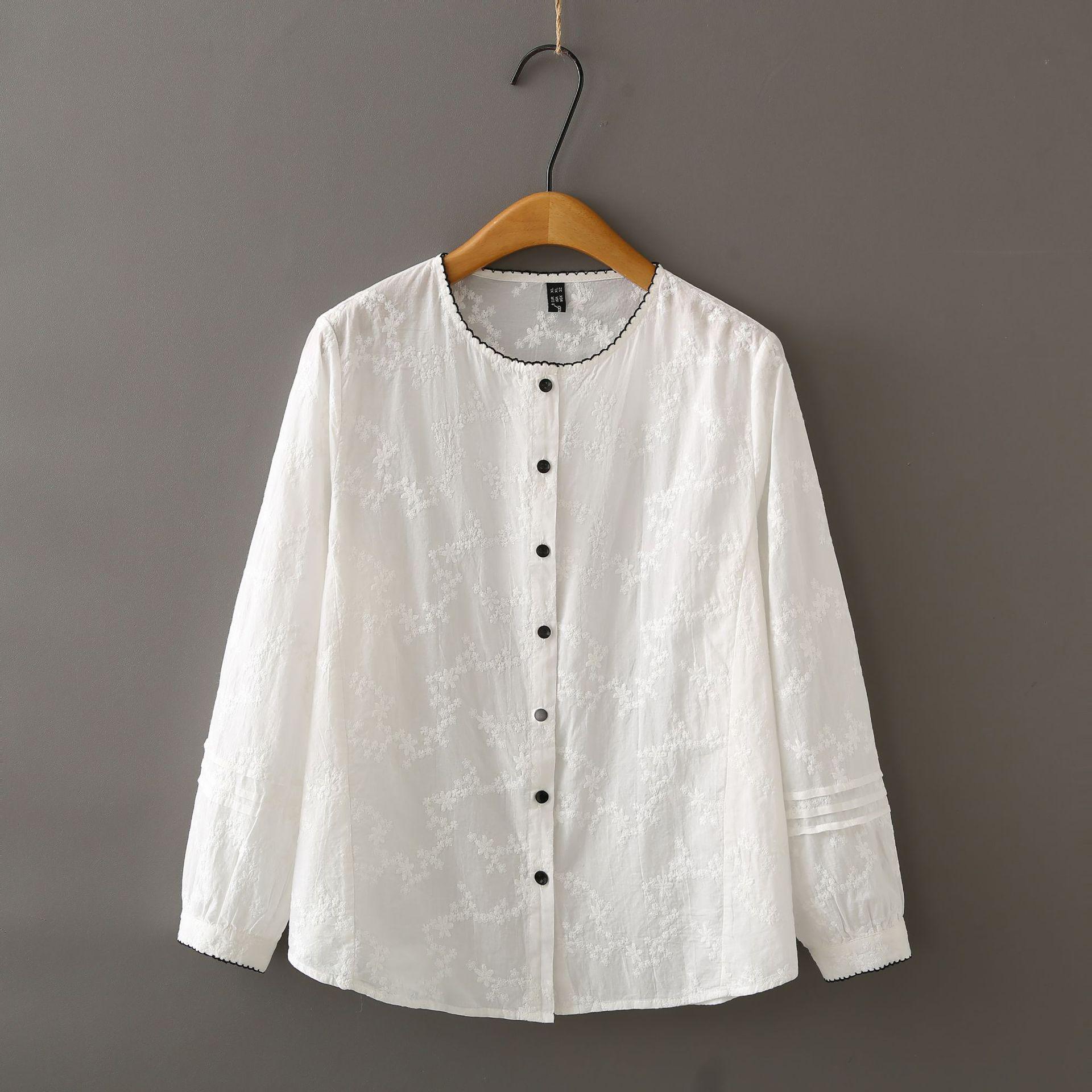 2026 Spring Plus Size Cotton Embroidered Lace Collar Cardigan Shirt for Women, Fits Up to 200 Jin, Long Sleeve Top 2XL