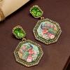 Medieval vintage octagon diamond peacock mural earrings heavy industry temperament light luxury earrings medieval earrings