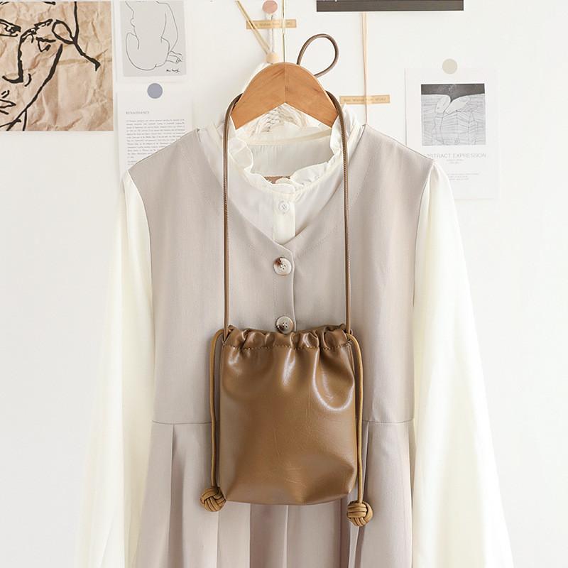 IELGY Korean Version All-Match Mini Drawstring Bucket Bag Retro Texture Soft Leather Shopping Mobile Phone Bag Cute Shoulder Crossbody