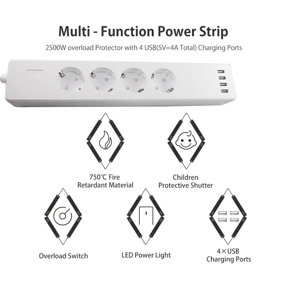 16A Smart WiFi Power Strip with 4 Surge Protection Outlets & 4 USB Ports Multi-port Smart Plugs