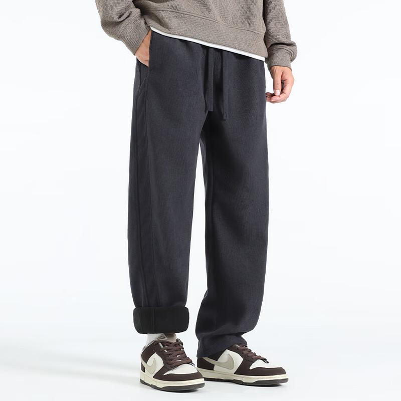 MINISO Men's Winter Plush Lined Corduroy Curved Leg Trousers