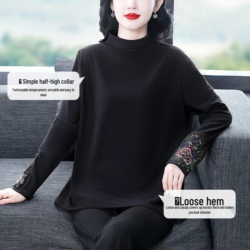 Camiseta de Felpa Bordada de Cuello Semi-Alto para Mujeres de Mediana Edad - Colección Otoño/Invierno