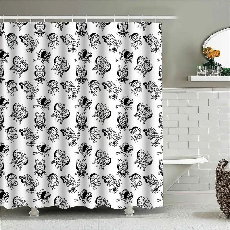 Decoratieve Waterdichte Polyester Douchegordijnen Met Zwart En Wit Vlindervormig Patroon Voor Huisbadkamer Decoratie Maat72X78 In