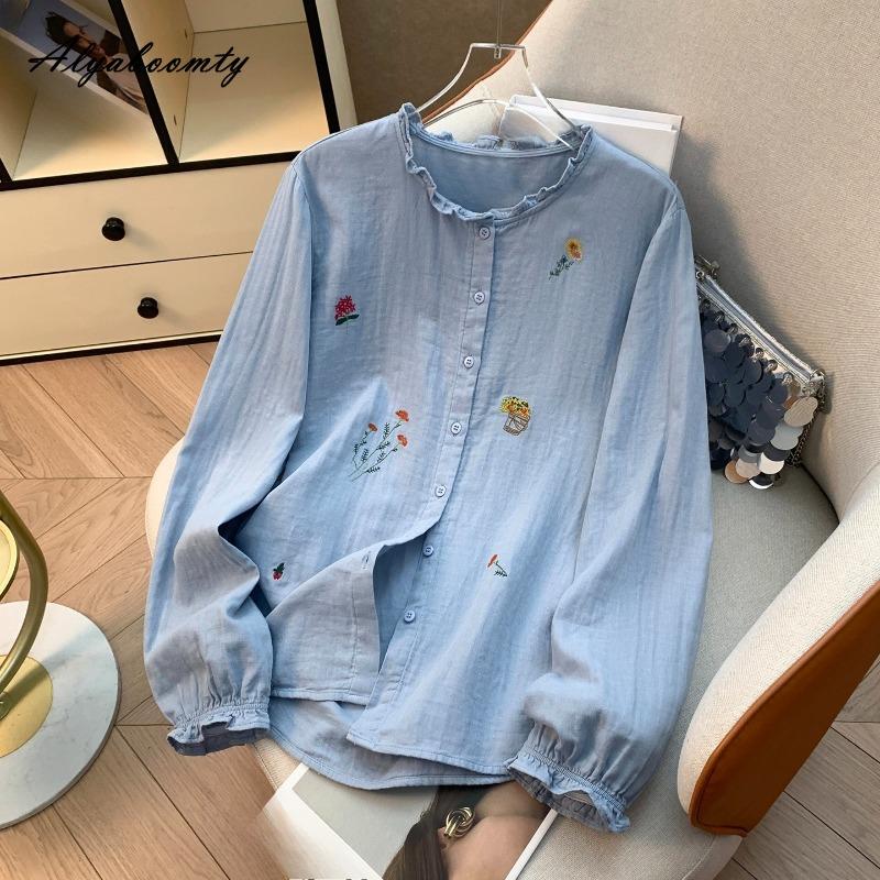 2026 Plus Size Spring Autumn Women Shirt Ruffled Collar White Blue Floral Embroidery Blouse Long Sleeve Cotton Basic Loose Blouse