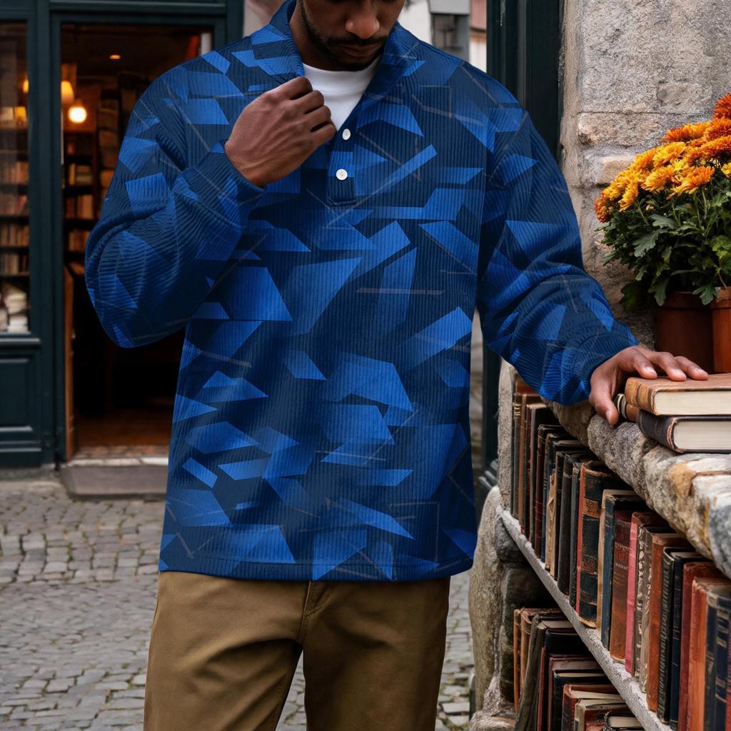 Men's Vintage Corduroy Printed Quarter-Zip Pullover with Stand Collar and Pocket, Long Sleeve Casual Top