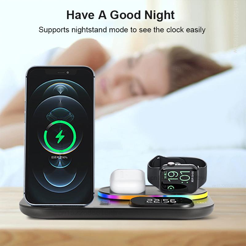 4 In 1 Wireless Chargers For iPhone 11 12 13 Pro Max 15W Fast Charging Dock Station For Apple Watch/Airpods With Lamp Clock