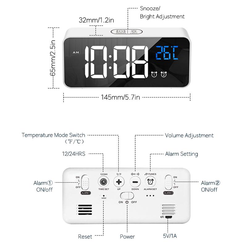 Digital Alarm Clock Temperature Display Portable Bedside Music Clock for Home Office Bathroom Dual Alarms Ringtones Rechargeable
