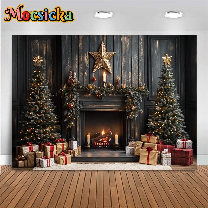 Mocsicka Christmas Tree Photography Background Gift Fireplace Home Wood Wall Decoration Baby Photo Backdrop Shooting Prop Studio