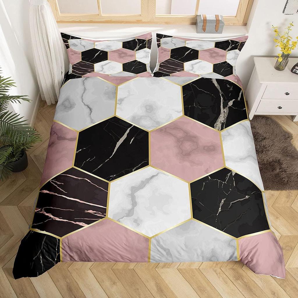 Geometric Duvet Cover Set Twin Queen Luxury Marble Comforter Cover Abstract Honeycomb Hexagon Bedding Set 2/3pcs for Boys Girls