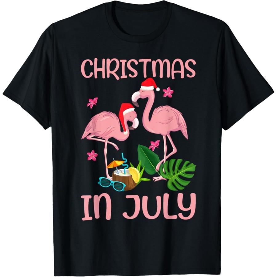 Christmas in July Pink Flamingo with Santa Hat T-Shirt XXXXXL чёрный