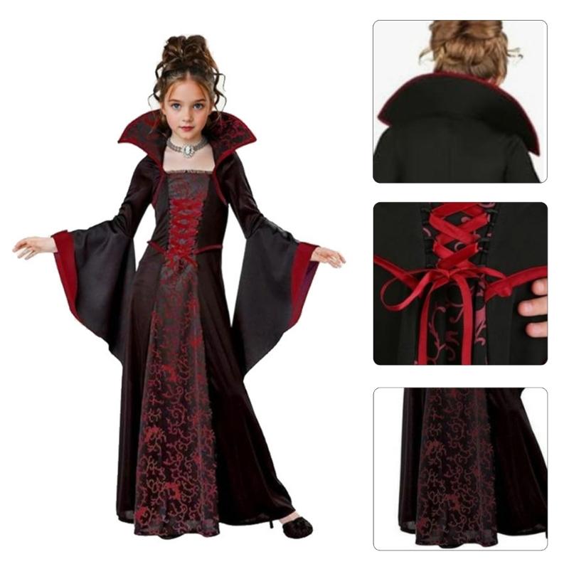 Blumenmuster Kleid mit Stehkragen Kinder Halloween Hexe Kostümkleid Für Mädchen Halloween Geburtstag Rollenspiel