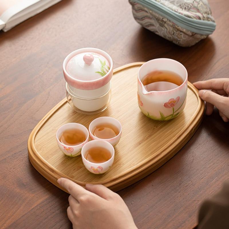 Ice Translucent Hand Painted Quick Cup Set 1 Pot 3 Cups Dehua White Porcelain Travel Tea Ware Portable Underglaze Brewing Pot